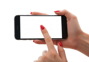 Close up of a person s hands holding a modern smartphone horizontally with a blank screen isolated on transparent background