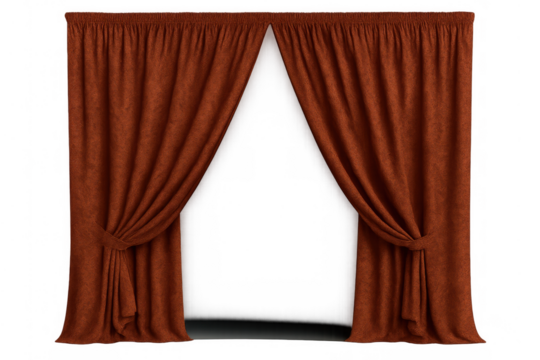 Terracotta heavy velvet theater stage curtains opening, warm draping fabric pulled back, transparent background