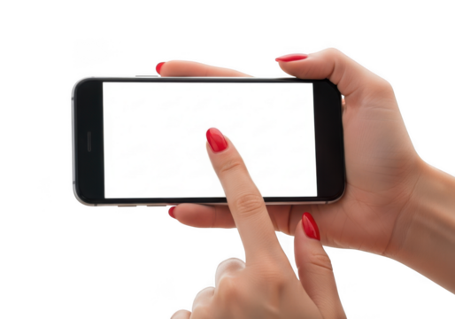 Close up of a person s hands holding a modern smartphone horizontally with a blank screen isolated on transparent background - Powered by Adobe