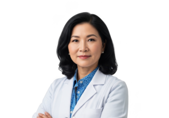 Professional asian woman doctor wearing white lab coat and blue collared shirt smiling confidently isolated on transparent background