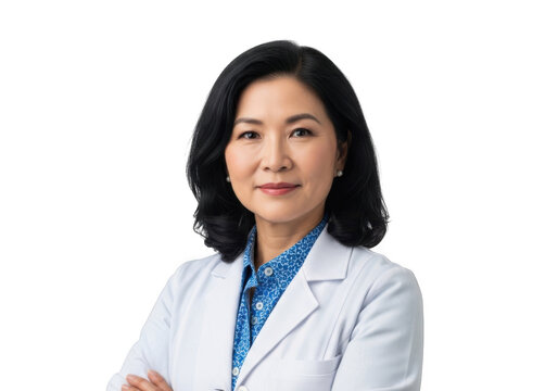 Professional asian woman doctor wearing white lab coat and blue collared shirt smiling confidently isolated on transparent background