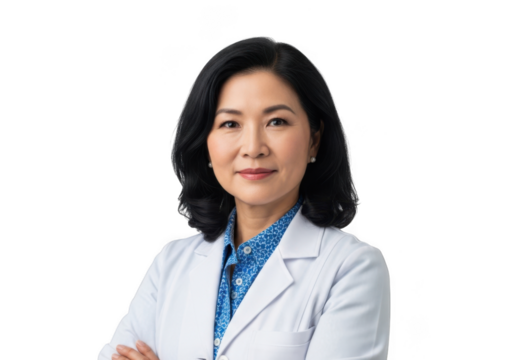 Professional asian woman doctor wearing white lab coat and blue collared shirt smiling confidently isolated on transparent background - Powered by Adobe