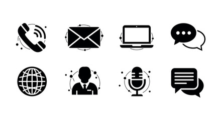 Set of eight black communication icons including a phone, envelope, laptop, speech bubbles, globe, person, microphone, and message balloons, symbolizing various methods of contact.