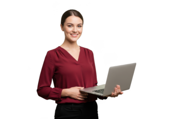 Smiling young woman holding a modern laptop computer in her hands isolated on transparent background