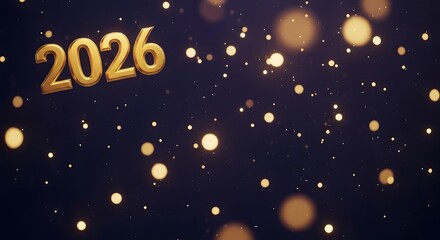 Golden 2026 numbers floating in a dark background with sparkling bokeh lights and falling snow for new year celebrations
