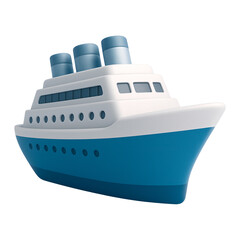 Obraz premium 3d icon of a stylized, cartoonlike cruise ship with blue hull and white superstructure, featuring three smokestacks, isolated on a transparent background