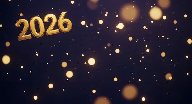 Golden 2026 numbers floating in a dark background with sparkling bokeh lights and falling snow for new year celebrations
