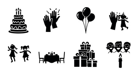 Black silhouette icons depicting a birthday cake with candles, clapping hands, balloons, and various celebratory scenes including dancing children and a family dinner.