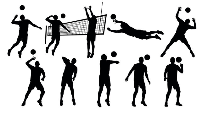 Black silhouettes of male volleyball players in various action poses, showcasing dynamic movements and athletic skills on the court.