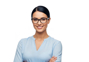 Professional woman wearing glasses smiling confidently with arms crossed isolated on transparent background