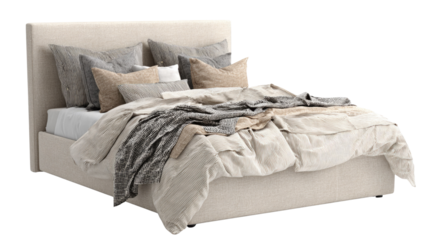 Modern beige upholstered bed with plush headboard, various decorative pillows, striped duvet, and patterned throw, isolated on a transparent background. background removed