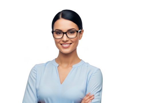 Professional woman wearing glasses smiling confidently with arms crossed isolated on transparent background