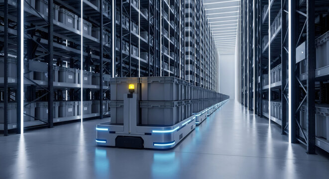 Automated guided vehicle transporting cargo in a smart warehouse. Modern logistics and inventory management system for efficient distribution and storage.