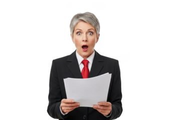 Shocked woman in business attire expressing astonishment while holding documents isolated on transparent background