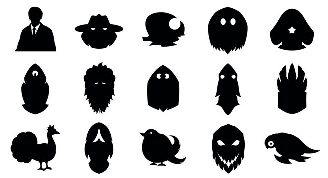 A series of sixteen unique black silhouette icons depicting various abstract and recognizable characters, including animals, mythical figures, and inanimate objects in diverse forms.