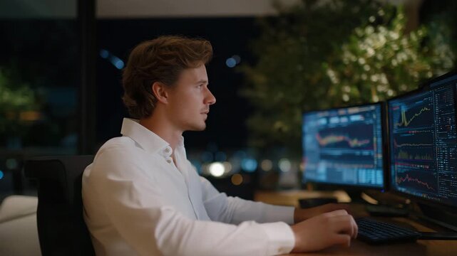 Modern crypto miner monitoring multiple screens showing hash rates and blockchain analytics, emotion of deep focus visible, representing financial technology, digital mining infrastructure, and