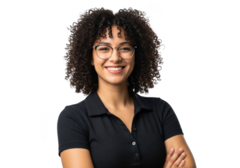 Smiling young woman with curly hair and glasses wearing a black collared shirt arms crossed isolated on transparent background