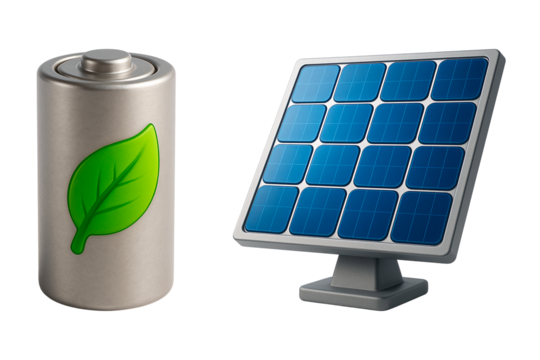 3d icon of a silver battery with a green leaf symbol and a solar panel on a transparent background, representing renewable energy and ecofriendly power sources