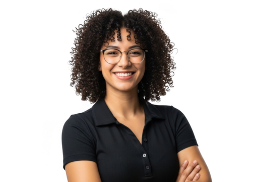 Smiling young woman with curly hair and glasses wearing a black collared shirt arms crossed isolated on transparent background
