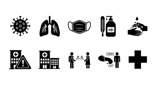 Black icons depicting various health and safety measures, including virus, lungs, face mask, thermometer, sanitizer, hospital, social distancing, and handwashing.