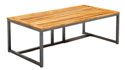 Modern rectangular table with a warm slatted wooden top and sturdy dark grey metal frame. Perfect for contemporary indoor or outdoor use. background removed