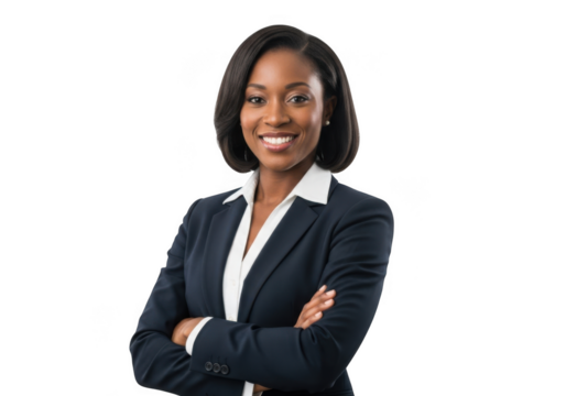 Professional african american woman in business attire with arms crossed smiling confidently isolated on transparent background