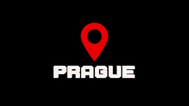Prague city location pin 3d rendering animation, travel destination pointer on a dark background for tourism guides and maps.