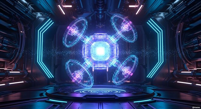 Futuristic glowing energy core in a scifi spaceship interior