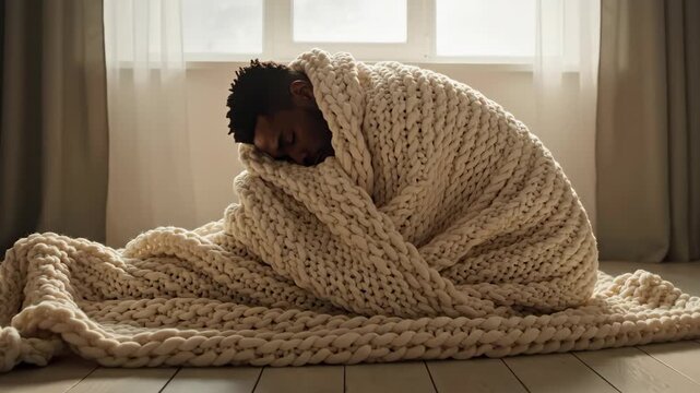 Man wrapped in a warm chunky knit blanket, curled up on the floor in a bright room, sleeping and showing concepts of sadness, depression, loneliness, and comfort