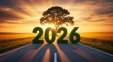 The year 2026 emerges from a vibrant sunset over a road leading to a solitary tree symbolizing growth and future