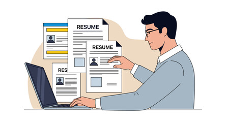 Professional candidate analyzing resumes on laptop in modern workspace