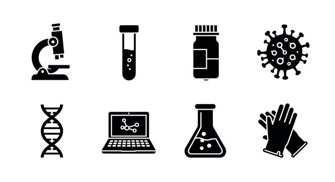 Set of black and white icons including a microscope, test tube, pill bottle, virus, dna strand, laptop, flask, and gloves representing scientific and medical concepts.