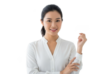 Smiling young asian woman with dark hair wearing a white collared shirt looking directly forward isolated on transparent background