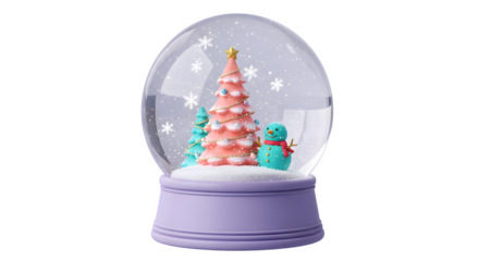 Festive christmas snow globe with pink tree isolated on transparent background