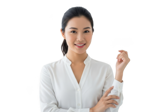Smiling young asian woman with dark hair wearing a white collared shirt looking directly forward isolated on transparent background - Powered by Adobe