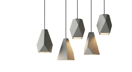 Array of contemporary geometric concrete pendant lights showcasing modern interior design and architectural lighting. Minimalist hanging lamps with warm illumination