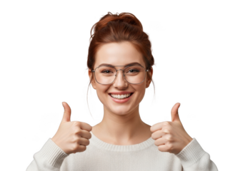 Smiling young woman with red hair wearing glasses gives two thumbs up gesture isolated on transparent background