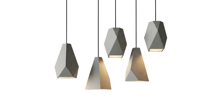 Array of contemporary geometric concrete pendant lights showcasing modern interior design and architectural lighting. Minimalist hanging lamps with warm illumination