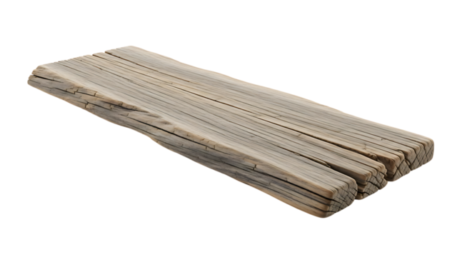 Naturally aged and textured wooden plank, exhibiting a rustic charm with its weathered surface and distinct grain patterns, isolated for design elements