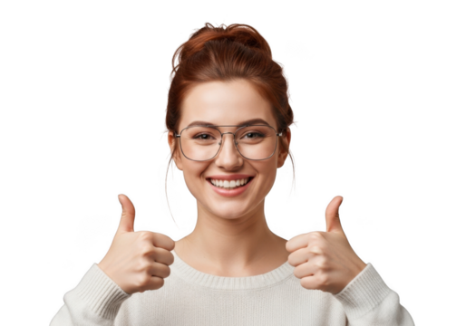 Smiling young woman with red hair wearing glasses gives two thumbs up gesture isolated on transparent background