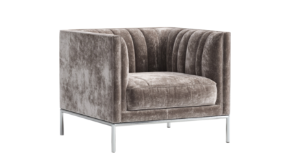 Elegant modern velvet accent chair with vertical channel tufting in a sophisticated taupe color, supported by sleek chrome legs, perfect for contemporary spaces. background removed