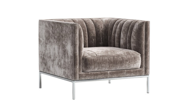 Elegant modern velvet accent chair with vertical channel tufting in a sophisticated taupe color, supported by sleek chrome legs, perfect for contemporary spaces. background removed