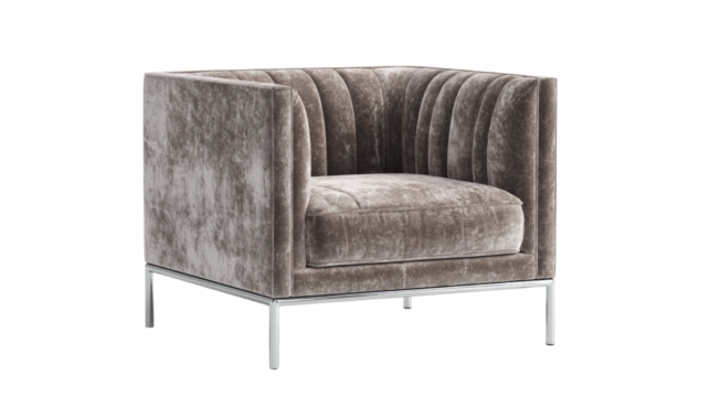 Elegant modern velvet accent chair with vertical channel tufting in a sophisticated taupe color, supported by sleek chrome legs, perfect for contemporary spaces. background removed