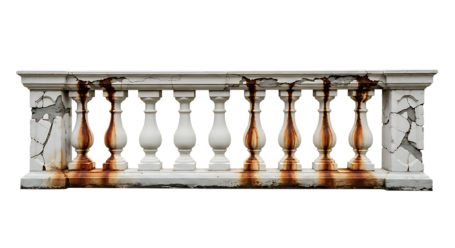 A weathered antique white balustrade showing significant rust stains and deep cracks, isolated on a white background for architectural composite