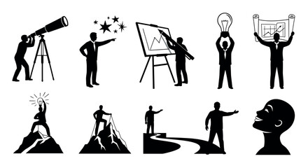 Collection of black silhouette icons depicting various business concepts, including presentation, innovation, and leadership activities.