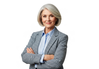 Professional mature businesswoman with short blonde hair and a confident smile wearing a stylish checkered blazer isolated on transparent background