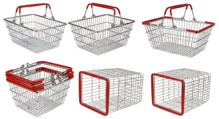 A diverse collection of six empty metallic wire shopping baskets featuring distinct designs and vibrant red handles, perfect for illustrating retail environments and consumer goods