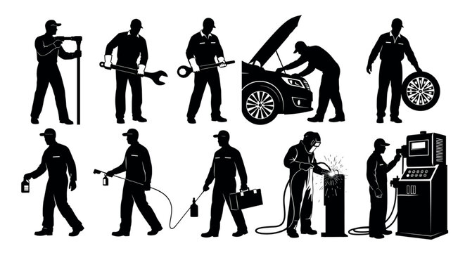 Silhouette illustrations of mechanics engaged in various tasks including welding, tire replacement, car repair, and carrying tools in a workshop setting.
