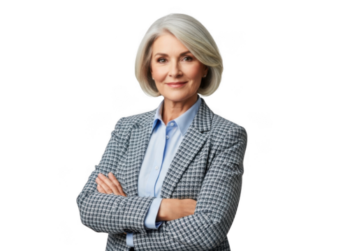 Professional mature businesswoman with short blonde hair and a confident smile wearing a stylish checkered blazer isolated on transparent background
