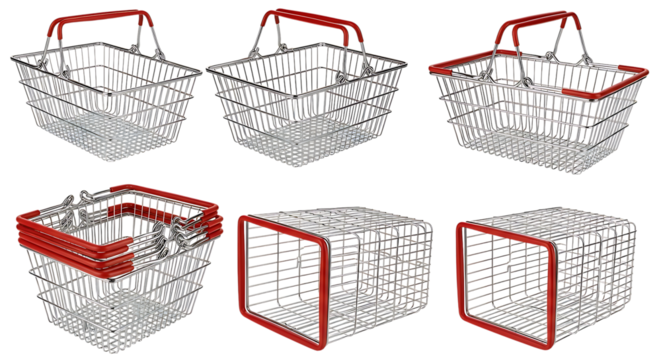 A diverse collection of six empty metallic wire shopping baskets featuring distinct designs and vibrant red handles, perfect for illustrating retail environments and consumer goods